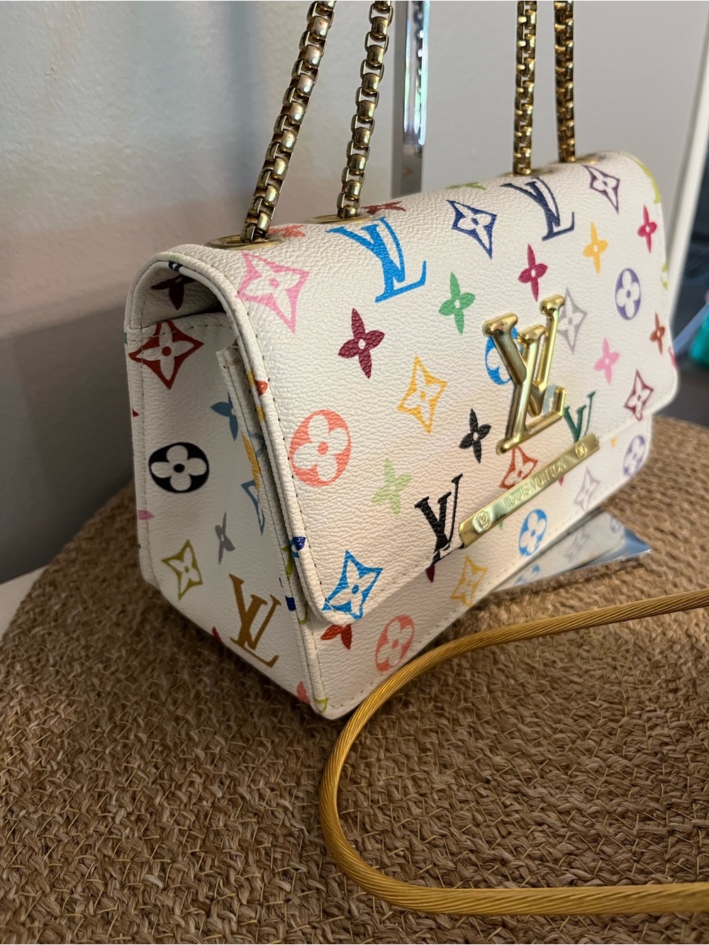 Fashion White Multicolor Monogram Shoulder Bag with Gold Chain & Wallet - Picture 4 of 4